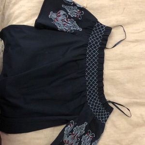 off the shoulder navy blue dress with embroidery